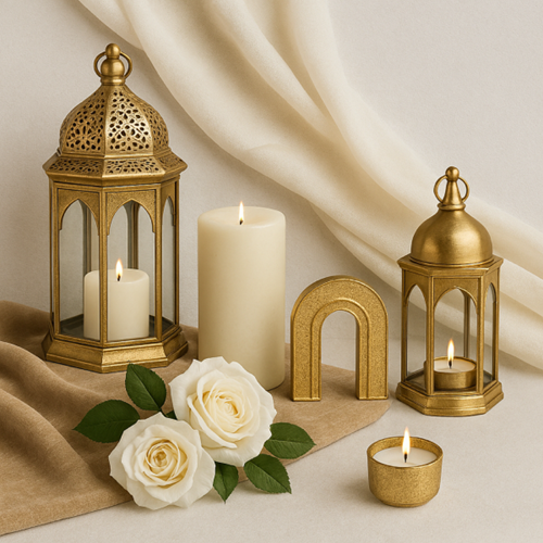 lanterns, candles, arches, fabrics, florals, gold accents,3